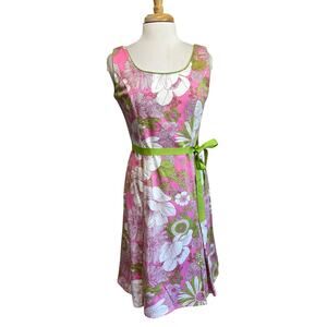 Sag Harbor Womens Dress 8 Pink White Green Ditzy Floral Sleeveless Fit Flare